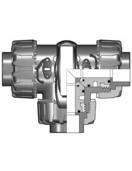 PVC-U DualBlock® kroglični tropotni T-ventil, d40, DN32, PN16, za lepljenje