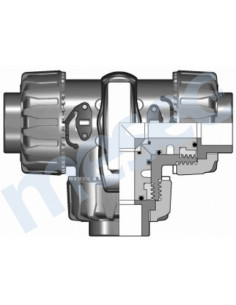 PVC-U DualBlock® kroglični tropotni T-ventil, d63, DN50, PN16, za lepljenje