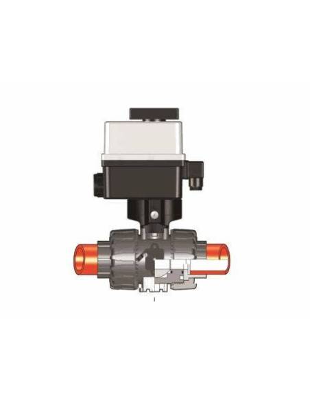 PP-H DualBlock® kroglični ventil, d40, DN32, PN10, motorni pogon 24 V AC/DC, za fuzijsko varjenje